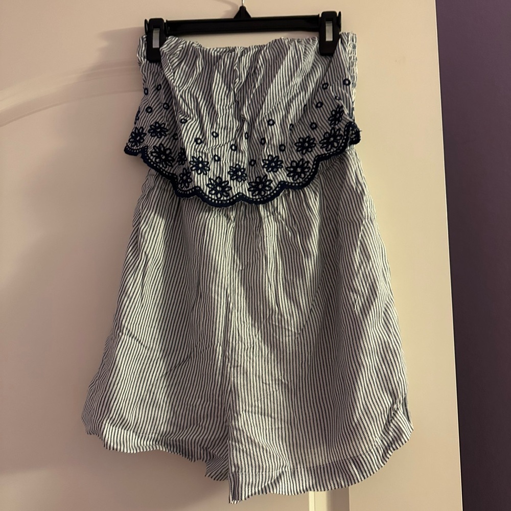 Jessica Simpson blue white striped floral embroidered romper. Size XS